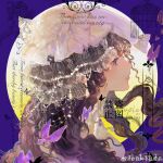  1girl black_hair bug butterfly circle from_side highres isolde_(reverse:1999) long_hair miaowa_zhongzi_guaguale portrait profile purple_background purple_butterfly purple_eyes reverse:1999 solo veil watermark wavy_hair weibo_watermark white_veil 