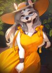  2026 absurd_res anthro biped blue_eyes breasts canid canine canis claws clothed clothed_anthro clothed_female clothing digital_drawing_(artwork) digital_media_(artwork) dress eyewear female fingers front_view fur glasses grey_body grey_fur hackainax hair hand_on_breast hand_on_own_breast hat headgear headwear hi_res holding_breast looking_at_viewer mammal miliam_(genemon) smile solo sun_hat sundress tail white_body white_fur white_hair wolf wolf_ears wolf_tail 