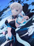  1girl absurdres black_bow black_dress black_tiara blue_eyes bow braid breasts cleavage commentary_request dress fate/grand_order fate_(series) hair_between_eyes hair_bow half_up_braid highres holding holding_polearm holding_weapon koma315ht long_hair long_sleeves looking_at_viewer morgan_le_fay_(fate) morgan_le_fay_(third_ascension)_(fate) polearm ponytail solo spikes stomach_tattoo tattoo tiara two-tone_dress very_long_hair weapon white_hair 