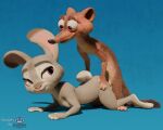 3_toes 3d_(artwork) 4_fingers absurd_res anthro balls barely_visible_balls barely_visible_genitalia barely_visible_penis black_nose blender_(artwork) blue_background breasts brown_body brown_fur claws countershading digital_media_(artwork) disney duke_weaselton duo english_text feet female fingers from_behind_position fur genitals grey_body grey_fur hand_on_butt hi_res judy_hopps lagomorph leporid long_body long_ears looking_at_another looking_at_partner lying male male/female mammal mustelid musteline nude penetration penis pink_nose pink_penis rabbit rasterraccoon sex simple_background smile standing text toes true_musteline watermark weasel zootopia