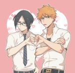  2boys averting_eyes belt black_belt black_hair black_shirt bleach blue_necktie closed_mouth collared_shirt diagonal-striped_clothes diagonal-striped_necktie dwbidu heart heart_hands highres ishida_uryuu korean_commentary kurosaki_ichigo male_focus multiple_boys necktie orange_hair parted_bangs pocket rectangular_eyewear semi-rimless_eyewear shirt shirt_tucked_in short_hair striped_clothes thumbs_down thumbs_down_heart_hands tongue tongue_out upper_body white_shirt 