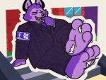  3_toes 4:3 anthro barefoot black_nose blue_necktie canid canine clothing crossed_ankles eyes_closed feet foot_fetish fox foxxo_(valle_verde) fur hi_res laugh loose_feather male mammal necktie open_mouth open_smile patugh pinstripe_clothing pinstripe_pants pinstripe_suit purple_body purple_fur smile solo suit tickle_fetish tickling tickling_feet toes valle_verde white_loose_feather 