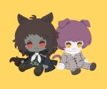 2boys :< animal_ears basilio_(metaphor:_refantazio) black_coat black_pants black_shoes black_vest brothers brown_shoes cat_boy cat_ears cat_tail coat dark-skinned_male dark_skin fidelio_(metaphor:_refantazio) houndstooth jacket layered_sleeves long_sleeves male_focus metaphor:_refantazio multiple_boys pants patterned_clothing purple_hair red_eyes rizu_(rizunm) scar scar_across_eye scar_on_face scarf shirt shoes short_hair siblings simple_background sitting tail vest white_scarf white_shirt wolf_boy wolf_ears wolf_tail yellow_background yellow_eyes 