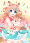  1girl animal animal_ears animal_hug highres magical_girl mugita_konomi open_mouth original pet skirt smile star_(symbol) tail yellow_background 