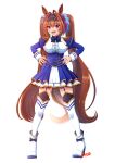  1girl absurdres aiguillette animal_ears black_thighhighs blue_jacket blush boots bow breasts brown_hair center_frills commentary_request daiwa_scarlet_(peak_blue)_(umamusume) daiwa_scarlet_(umamusume) epaulettes fang framed_breasts frills full_body garter_straps hair_intakes highres horse_ears horse_girl horse_tail jacket juliet_sleeves konsu_(konsu1182da) large_breasts layered_legwear layered_skirt long_hair long_sleeves looking_at_viewer open_mouth puffy_sleeves red_eyes shirt simple_background skirt smile solo tail thighhighs tiara twintails umamusume very_long_hair white_background white_boots white_shirt white_skirt white_thighhighs 