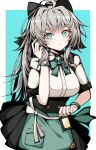  1girl ahoge apron black_survival bow breasts eternal_return:_black_survival green_apron green_eyes grey_hair hair_between_eyes hair_ornament highres katja_(black_survival) large_breasts non-web_source solo 