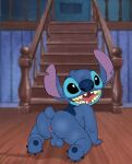 4_fingers alien all_fours anthro anus backsack balls blue_body blue_claws blue_fur blue_nose butt claws digital_media_(artwork) disney experiment_(lilo_and_stitch) feet fingers fur genitals hi_res inside lilo_and_stitch looking_at_viewer looking_back looking_pleasured male notched_ear open_mouth rear_view smile solo stitch_(lilo_and_stitch) tail teeth toes unclejock