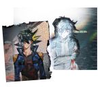  2boys 99ki5 abandoned alternate_form artificial_eye bags_under_eyes black_hair black_shirt bleeding blood blood_from_eyes blood_from_forehead blood_on_clothes blood_on_face blue_coat blue_eyes coat crying crying_with_eyes_open dappled_sunlight facial_mark facing_viewer garage hair_between_eyes hand_on_own_arm highres indoors injury looking_to_the_side male_focus mechanical_eye multiple_boys open_clothes open_coat photo_(object) popped_collar racing_suit robe shirt shoulder_pads side-by-side smile spiked_hair streaming_tears sunlight tears torn_paper white_background white_robe yu-gi-oh! yu-gi-oh!_5d's z-one 