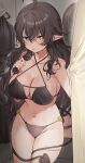  1girl bare_shoulders bikini black_bikini black_hair blue_eyes blush breasts changing_room character_request cleavage collarbone criss-cross_halter crossed_bangs demon_tail grabbing_own_hair hair_between_eyes halterneck haru_(nakajou-28) highres holding holding_own_hair indoors long_hair looking_at_viewer mirror mole navel open_mouth pointy_ears reflection solo string_bikini swimsuit tail tail_around_own_leg very_long_hair wavy_hair yellow_eyes 