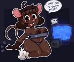 2025 anthro areola big_butt black_background blotchy_areola breasts brown_areola brown_body brown_hair brown_nipples buckteeth butt clothed clothing dialogue digital_media_(artwork) donkey_kong_(character) donkey_kong_(series) donkey_kong_bananza electronics emanata english_text eyelashes eyewear female footwear gamecube glasses grey_clothing grey_panties grey_topwear grey_underwear gwen_geek gwen_martin hair hi_res knee_highs knee_socks kneeling legwear looking_at_viewer mammal mouse mschaox6 murid murine nintendo nintendo_switch_2 nipples off_shoulder outline panties red_eyewear red_glasses rodent round_glasses simple_background socks solo speech_bubble tail talking_to_viewer teeth television text topwear underwear wearing_glasses white_outline