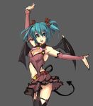  aqua_eyes aqua_hair armpits bare_shoulders bat_wings belt black_legwear breasts center_opening cleavage cleavage_cutout collaboration demon_tail elbow_gloves eu03 fang garter_straps gloves hair_ribbon hatsune_miku heart heart_hunter_(module) highres medium_breasts navel open_mouth panties_(pantsu-pirate) pose project_diva project_diva_(series) ribbon short_hair short_twintails simple_background skirt solo tail thighhighs twintails vocaloid wings world_is_mine_(vocaloid) 
