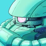  2024 absurdres aqua_background close-up commentary_request dated gundam highres kobakin mecha mecha_focus mobile_suit mobile_suit_gundam one-eyed partial_commentary robot science_fiction signature simple_background solo white_eyes zaku_ii 
