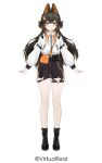  1girl ahoge animal_bag animal_ears bag black_hair black_shoes black_shorts braid carrot_hair_ornament center-flap_bangs chinese_commentary closed_mouth colored_inner_animal_ears commentary_request copyright_name copyright_notice food-themed_hair_ornament full_body hair_between_eyes hair_ornament highres jacket liko_(virtuareal) long_hair multicolored_hair nijisanji official_art orange_bag orange_hair rabbit_ears rabbit_tail shoes shorts shoulder_bag simple_background smile solo standing straight-on streaked_hair tachi-e tail two-tone_hair virtual_youtuber virtuareal white_background white_jacket yellow_eyes 