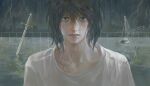  1boy bags_under_eyes black_eyes black_hair chain chain_necklace closed_mouth commentary death_note english_commentary expressionless fieroo hair_between_eyes highres jewelry l_(death_note) lips looking_at_viewer male_focus necklace nose rain shirt short_hair solo wet wet_hair white_shirt 