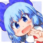  1girl ascot blue_bow blue_dress blue_eyes blue_hair blush bow cirno collared_shirt commentary_request dress fang hair_bow matty_(zuwzi) medium_hair open_mouth red_ascot shirt smile solo touhou white_shirt 
