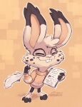 2025 3_toes animancer anthro barefoot big_ears buckteeth clothed clothing feet foreshortening front_view hi_res high-angle_view johann_(dewriter) lagomorph leporid loose_feather mammal monochrome quill rabbit sepia simple_background smile solo spots sweater teeth toes topwear
