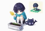  1boy black_shorts blue_shirt blue_sleeves blunt_ends bright_pupils choppy_bangs closed_mouth commentary contemporary genshin_impact hand_on_own_knee highres holding holding_shovel kneehighs long_sleeves looking_at_object looking_down male_focus official_alternate_costume plant potted_plant purple_eyes purple_hair reference_inset scaramouche_(cat)_(genshin_impact) scaramouche_(genshin_impact) shirt shorts shovel smile smock socks soil solo sprout squatting twitter_username wanderer_(genshin_impact) watering_can white_background white_pupils white_socks yozora_9089 