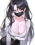  1girl absurdres arm_under_breasts artist_name black_pants blush bra_strap breasts chromatic_aberration cleavage commentary covered_mouth cowboy_shot curtained_hair english_commentary hair_between_eyes haze_(7h4ze) highres large_breasts long_bangs long_hair long_sleeves looking_at_viewer mask mouth_mask open_fly open_pants original pants ribbed_shirt scoop_neck shirt side_part sidelocks simple_background sleeves_past_wrists slit_pupils solo standing very_long_hair white_background white_eyes white_shirt 