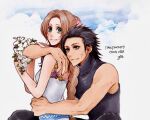  1boy 1girl aerith_gainsborough artist_name bare_arms black_hair black_pants blue_eyes blue_shirt braid braided_ponytail breasts brown_hair cloud cloudy_sky couple crisis_core:_final_fantasy_vii dress final_fantasy final_fantasy_vii flower green_eyes hair_ribbon hair_slicked_back hand_on_another's_arm hetero highres holding holding_flower hug hug_from_behind long_hair looking_back medium_breasts medium_hair pants parted_bangs pink_ribbon ribbon scar scar_on_cheek scar_on_face shirt sky sleeveless sleeveless_turtleneck smile turtleneck upper_body white_dress yco_030601 zack_fair 