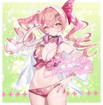  1girl bare_shoulders bikini black_choker breasts choker cleavage commission hair_ornament hair_ribbon hairclip hand_on_own_hip headphones headphones_around_neck highres indie_virtual_youtuber large_breasts long_hair long_sleeves minaton musical_note musical_note_print navel off_shoulder open_clothes open_shirt pink_bikini pink_hair pink_ribbon print_bikini ribbon see-through_clothes see-through_shirt shirt skeb_commission solo stethoscope swimsuit tatata_n3b7 twintails virtual_youtuber yellow_eyes 