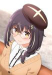  1girl absurdres beret black_hair blush braid brown_cardigan brown_eyes brown_hair cardigan center_frills choppy_bangs closed_mouth commentary_request frilled_shirt frills glasses hair_ornament hairclip hat hibi_wa_sugiredo_meshi_umashi highres kawai_mako looking_at_viewer medium_hair parallel_hairclips round_eyewear shirt smile solo split_mouth upper_body white_shirt yellow-framed_eyewear yuuyrx 