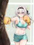  1girl :t absurdres armpits bare_shoulders black_hairband boxing_gloves breasts cleavage commentary cowboy_shot crop_top dolphin_shorts firefly_(honkai:_star_rail) gloves green_shorts green_sports_bra grey_hair hair_intakes hairband highres honkai:_star_rail honkai_(series) long_hair midriff navel purple_eyes sandbag short_shorts shorts solo sports_bra standing stomach thighs v-shaped_eyebrows xiahou_qiulan yellow_gloves 