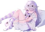  1girl absurdres asymmetrical_legwear closed_mouth commentary detached_sleeves english_commentary foot_out_of_frame frilled_shirt_collar frills hair_over_one_eye highres holding holding_stuffed_toy hololive hololive_english knees_up koseki_bijou long_bangs long_hair looking_at_viewer lucasyecla99 mask mask_on_head no_shoes one_eye_covered pillow purple_eyes purple_hair reclining shirt short_shorts short_sleeves shorts simple_background single_sock single_thighhigh sleep_mask socks solo strapless strapless_shirt striped_clothes striped_socks striped_thighhighs stuffed_toy thigh_strap thighhighs virtual_youtuber white_background white_shirt white_shorts 