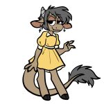 1:1 2025 anthro big_tail biped bovid bovine brown_body brown_fur cattle claws clothed clothing digit_ring digital_media_(artwork) dress female flat_chested fur grey_hair grey_horn grey_tail_tuft hair half-closed_eyes hi_res hooves horn jewelry lidded_eyes mammal manitka manitka_storm narrowed_eyes ring short_hair simple_background smile solo tail tail_tuft teeth tuft wedding_ring white_background yellow_clothing yellow_dress
