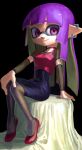  1girl closed_mouth dbwuqldvec82805 full_body high-waist_skirt highres inkling inkling_girl inkling_player_character long_hair pantyhose pink_eyes pointy_ears purple_hair red_shoes shoes sitting skirt smile solo splatoon_(series) splatoon_3 tentacle_hair 