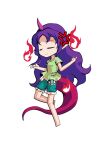  1girl barefoot breasts chibi chibi_only closed_eyes commentary_request dairi full_body green_shirt green_shorts horns large_variant_set long_hair pink_horns purple_hair red_tail shirt shorts simple_background single_horn solo tachi-e tenkajin_chiyari test_tube touhou transparent_background variant_set very_long_hair 