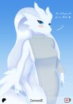  anthro anthrofied blush blush_lines breasts brooklyn_sweater clothed clothing commandg female fur generation_5_pokemon hair legendary_pokemon looking_at_viewer medium_breasts nintendo pokemon pokemon_(species) reshiram simple_background solo text white_body white_fur white_hair 