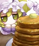  1girl blonde_hair butter food fumo_(doll) hat highres pancake pancake_stack plate rusuban_(yakumora_n) solo touhou white_background white_hat yakumo_ran yellow_eyes 