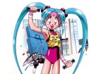  1girl 1other :d aqua_hair arm_up bare_shoulders cabbit cowboy_shot exercising facial_mark forehead_mark hair_bobbles hair_ornament headband holding leotard looking_at_viewer masaki_sasami_jurai official_art okuda_hitoshi pink_eyes pink_headband pink_leotard ryou-ouki shiny_skin shirt smile striped_wristband sweat sweatdrop teeth tenchi_muyou! twintails upper_teeth_only weightlifting weights wristband yellow_shirt 