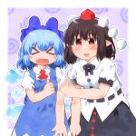  >_< 2girls ascot black_bow black_bowtie black_skirt blue_bow blue_dress blush bow bowtie breasts brown_hair censored cirno collared_shirt commentary_request detached_wings dress fang hair_bow hat ice ice_wings matty_(zuwzi) medium_breasts mosaic_censoring multiple_girls open_mouth pinafore_dress pointy_ears pom_pom_(clothes) puffy_short_sleeves puffy_sleeves red_ascot red_eyes red_hat shameimaru_aya shirt short_sleeves skirt sleeveless sleeveless_dress smile thumbs_up tokin_hat touhou white_shirt wings 