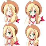  1girl applejack blonde_hair blush byruu character_sheet cowboy_hat cowgirl expressions eyes_closed green_eyes grin hat long_hair my_little_pony my_little_pony_friendship_is_magic open_mouth personification ponytail sakurano_tsuyu smile solo western white_background 