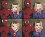  1boy 1girl absurdres blonde_hair blue_eyes bodysuit breasts cape dc_comics highres large_breasts long_hair looking_at_viewer marvel mask open_mouth pencilkami red_cape smile spider-man spider-man_(series) supergirl superhero_costume superman_(2025) superman_(series) superman_logo 