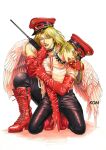  2boys angel angel_wings arm_around_shoulder bbkryrnos behind_another blonde_hair boots collar cross cross_necklace domino_mask elbow_gloves eye_mask gloves green_eyes hat head_tilt high_heel_boots high_heels highres holding holding_walkie-talkie jewelry knee_boots kneeling leather leather_pants licking lips lipstick long_hair makeup male_focus mask mask_on_head military_hat multiple_boys necklace on_one_knee open_mouth original pants pants_tucked_in parted_lips red_lips red_theme short_hair short_sleeves smirk spiked_collar spikes suspenders tongue tongue_out walkie-talkie wings yaoi 