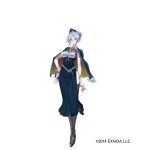  1girl belt black_belt black_hat black_shoes blue_eyes bow bowtie breasts character_request closed_mouth commentary_request copyright_notice crescent full_body grey_hair hat high-waist_skirt highres oshiro_project:re shoes skirt solo tassel thighhighs white_background yellow_bow yellow_bowtie z-ton 