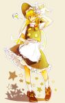  1girl apron bigreen black_hat black_skirt black_vest blonde_hair boots bow braid chinese_commentary commentary_request frilled_skirt frills full_body hair_bow hat hat_bow highres kirisame_marisa long_hair one_eye_closed open_mouth red_boots side_braid single_braid skirt smile socks solo star_(symbol) touhou vest waist_apron white_apron white_bow white_socks witch_hat yellow_eyes 