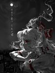  1girl arm_belt bow bumi35903802 cigarette city_lights cityscape clenched_hand crossed_arms from_side fujiwara_no_mokou grey_hair grey_sky greyscale hair_bow hair_ribbon highres limited_palette long_hair long_sleeves monochrome moon multiple_hair_bows night open_mouth red_eyes ribbon shadow shirt sky sleeve_cuffs smoke smoking solo touhou translated very_long_hair white_shirt 
