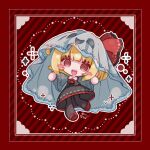  1girl :d @_@ ascot black_pantyhose black_skirt black_vest blonde_hair blush_stickers chibi chibi_only collared_shirt commentary_request diagonal-striped_background full_body grey_shirt hair_ribbon inukkomaru long_sleeves looking_at_viewer open_mouth outline pantyhose red_ascot red_background red_eyes red_ribbon red_shoes ribbon rumia sharp_teeth shirt shoes short_hair skirt skirt_set smile solo striped_background teeth touhou upper_teeth_only vest white_outline wide_sleeves 