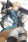  1boy absurdres blonde_hair blue_eyes claymore_(sword) coppepan fur_trim genshin_impact highres holding holding_weapon looking_at_viewer male_focus scar scar_on_arm scar_on_face sleeve_rolled_up smile solo sword teeth thigh_strap varka_(genshin_impact) weapon white_background 