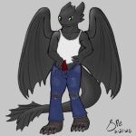 1:1 2025 4_fingers 4_toes anthro anthrofied big_tail black_body black_scales blue_bottomwear blue_clothing blue_jeans blue_pants bottomwear claws clothed clothing dated denim denim_bottomwear denim_clothing digital_drawing_(artwork) digital_media_(artwork) dragon dreamworks erection european_mythology feet fin finger_claws fingers front_view full-length_portrait fully_clothed fury_(httyd) genitals green_eyes grey_background hi_res horn how_to_train_your_dragon jeans legwear long_tail looking_at_viewer male male_anthro membrane_(anatomy) membranous_wings muscular muscular_anthro muscular_male mythological_creature mythological_scalie mythology night_fury open_bottomwear open_clothing open_jeans open_pants pants pantyhose pecs penis portrait procreate_(artwork) red_penis scales scalie shirt signature simple_background sketch smile solo spe tail tail_fin tank_top tapering_penis tapering_tail thick_tail toe_claws toes toothless topwear torn_bottomwear torn_clothing torn_jeans torn_pants western_dragon white_clothing white_shirt white_tank_top white_topwear wings