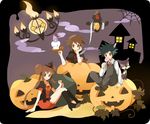  2boys animal_ears bad_id bad_pixiv_id bandages black_hair boots brown_eyes brown_hair chandelure creature double_bun fire flame gen_5_pokemon halloween hat hue_(pokemon) jack-o'-lantern kyouhei_(pokemon) leaf litwick long_hair mei_(maysroom) mei_(pokemon) multiple_boys pokemon pokemon_(creature) pokemon_(game) pokemon_bw2 purrloin short_hair skirt smile twintails witch_hat yamask 