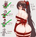 1girl ass blush brown_hair closed_mouth commentary english_text from_behind hair_between_eyes hair_intakes highres huge_ass indie_virtual_youtuber long_hair looking_at_viewer looking_back naked_ribbon ponytail red_ribbon ribbon santa_costume simple_background sky_above_me sky_above_me_(vtuber) thick_thighs thighs twitter_strip_game very_long_hair white_background wide_hips 