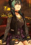  1girl alternate_costume aqua_hair barcode beanie black_choker black_hair black_hat black_vest bracelet car character_name choker clothes_around_waist collarbone commentary cowboy_shot dress ear_piercing earrings flannel grin hand_on_own_thigh hat helix_piercing highres hololive hololive_dev_is jewelry lapel_pin layered_dress long_sleeves looking_at_viewer medium_hair motor_vehicle multicolored_hair multiple_necklaces necklace piercing pin red_eyes rindo_chihaya short_dress silver_necklace sitting smile solo streaked_hair stud_earrings swept_bangs torn_clothes torn_dress total vest virtual_youtuber watch 