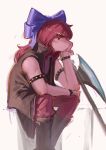  1girl absurdres armlet axe battle_axe black_armlet black_boots blue_bow boots bow bracelet closed_mouth commentary deltarune english_commentary feet_out_of_frame from_side hair_bow hand_on_own_chin hero_axe_(deltarune) highres jacket jewelry knee_boots long_hair mane_ax_(deltarune) nostrils pants popped_collar purple_eyes purple_hair purple_jacket purple_pants shadches72 sitting solo spiked_armlet spiked_bracelet spikes susie_(dark_world)_(deltarune) susie_(deltarune) tomboy utdr_(toby_fox) weapon white_background 