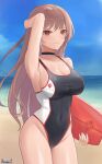  1girl armpits artist_name beach black_choker black_one-piece_swimsuit blue_sky breasts brown_eyes brown_hair choker cleavage cloud commentary competition_swimsuit cowboy_shot day english_commentary goddess_of_victory:_nikke highleg highleg_one-piece_swimsuit highres horizon kickboard large_breasts long_hair ocean one-piece_swimsuit outdoors randgriz96 rapi_(classic_vacation)_(nikke) rapi_(nikke) revision sky solo swimsuit two-tone_one-piece_swimsuit two-tone_swimsuit 