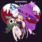  1000mi 1girl :&gt; :3 bags_under_eyes bandage bare_shoulders blonde_hair bow crossover duskull earrings hair_over_one_eye halloween heart idolmaster idolmaster_cinderella_girls jack-o&#039;-lantern jack-o'-lantern jewelry litwick mismagius necktie pale_skin pokemon pokemon_(game) pumpkin red_eyes ribbon shirasaka_koume short_hair simple_background skull sleeves_past_wrists smile 