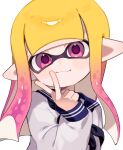  1girl blonde_hair closed_mouth commentary_request gradient_hair highres inkling inkling_girl inkling_player_character long_hair looking_at_viewer multicolored_hair pink_eyes pink_hair pointy_ears sabata_saba sailor_collar sailor_shirt shirt simple_background smile solo splatoon_(series) splatoon_3 tentacle_hair two-tone_hair upper_body v white_background white_shirt 